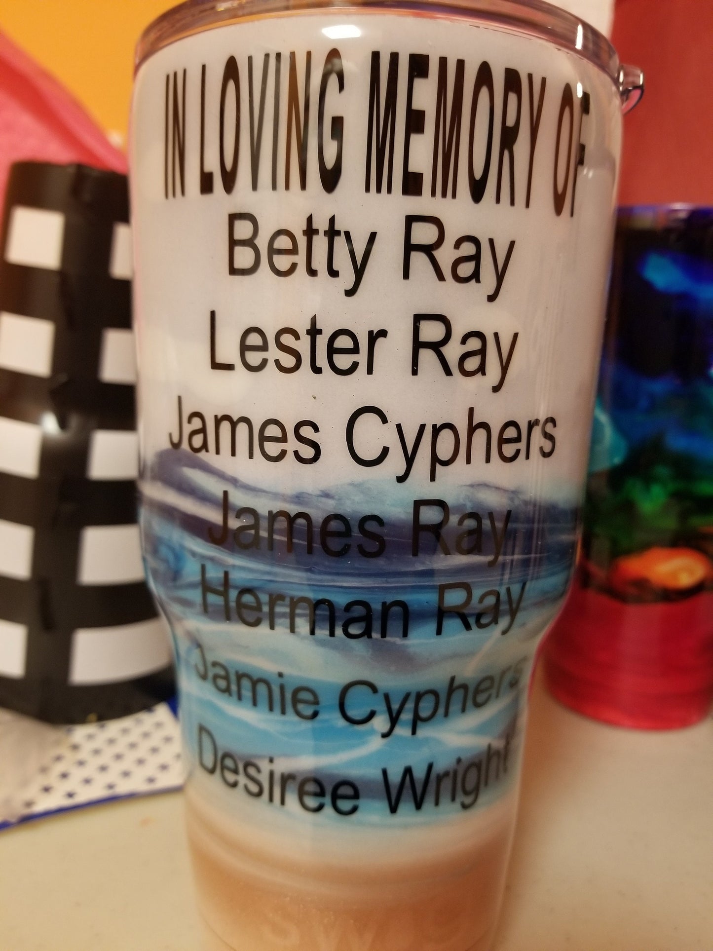 In memory of tumbler, beach scene, customized with names of choice