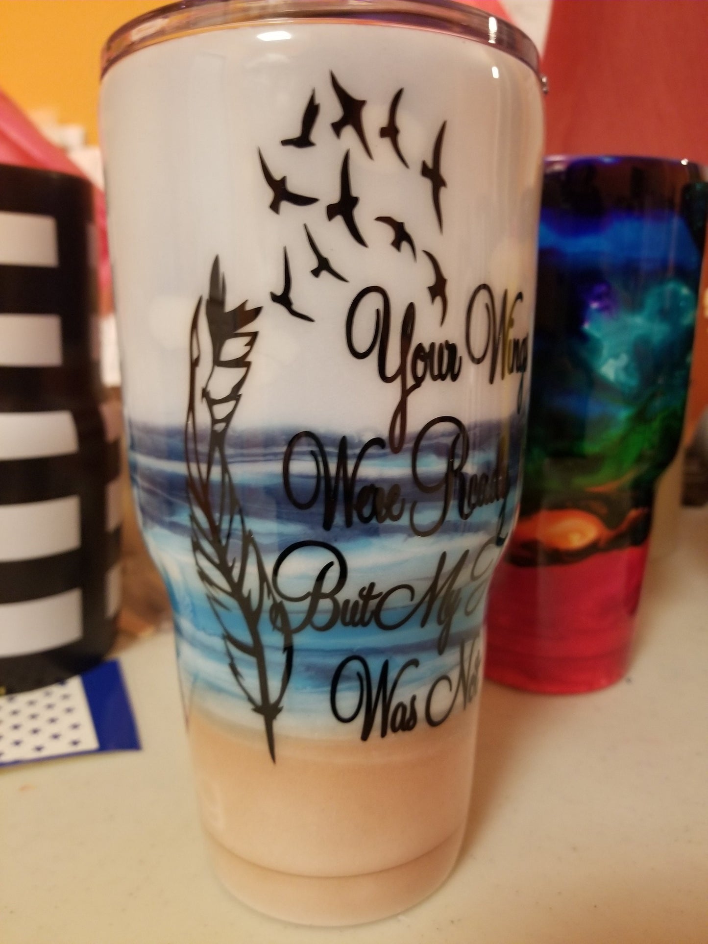 In memory of tumbler, beach scene, customized with names of choice