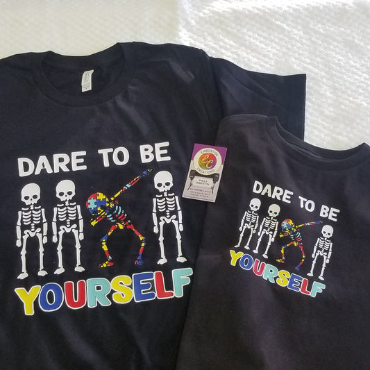 Dare to be yourself Autism awareness skeleton mommy or daddy and me shirt set