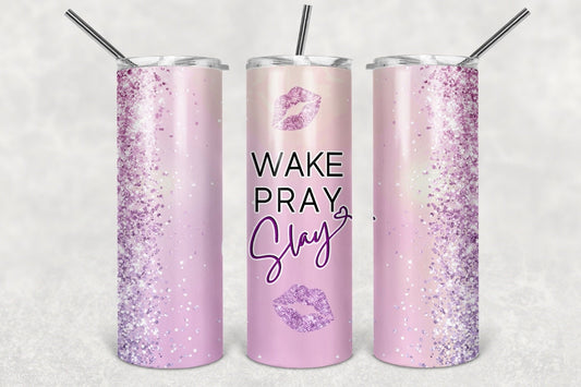 Wake Pray Slay Lips with faux glitter affect Tumbler